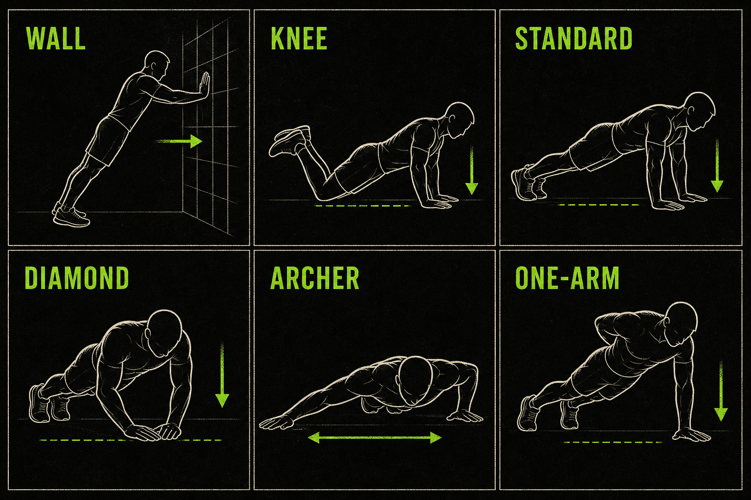 Field manual illustration of wall, knee, standard, diamond, archer, and one-arm pushup forms